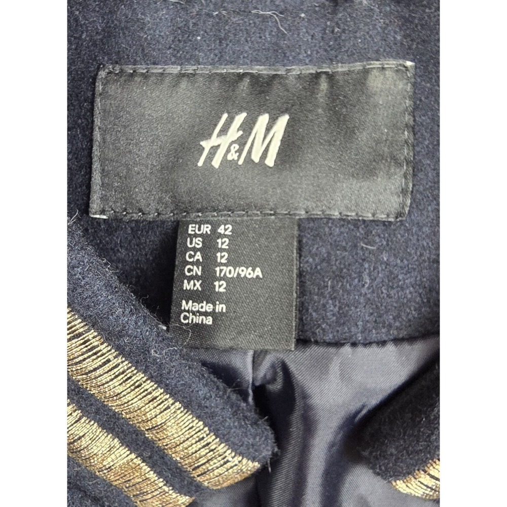 H&M Wool Blend Navy Gold Trim Stitching Short Military Jacket Women's 12 / Large - Picture 5 of 6